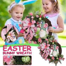 2021 Easter Cute Bunny Wreath Front Door With Flowers And Eggs Gnome Easter Decorating Garland Rabbit Holiday Home Decorations 2024 - buy cheap