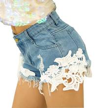 Shorts feminino de cintura alta, shorts de verão para mulheres, jeans lavado, dobra, vestido externo, denim, renda floral, verão 2024 - compre barato