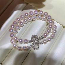 free shipping  2row  Jewelry natural 8-9mm pearl bracelet 7.5-8inch micro inlay zircon crystal Butterfly clasp 2024 - buy cheap