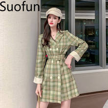 Suofun A-Line Green Double Breasted Plaid Notched High Quality 2021 Autumn Preppy Style With Slim Full Sleeves Small Suit Dress 2024 - buy cheap