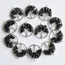Colgantes envueltos en alambre para joyería, 12 unids/lote, piedra de obsidiana negra natural, árbol de la vida, hechos a mano, 30mm 2024 - compra barato
