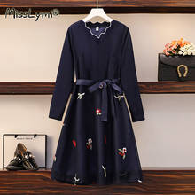 Large Size Women Cartoon Embroidery Dress Spring 2022 Bow Fashion V-neck Long Sleeve Patchwork Ladies Sweet Mesh Dresses 2024 - buy cheap