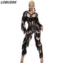 Ladies Black Tassel Jumpsuit Long Sleeve Stretch Skinny Rompers Bar Party Club-wear Stage Wear Singer Dance Performance Leggings 2024 - buy cheap