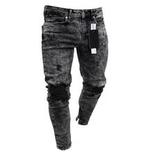 2021 Men Clothes Denim Pants Distressed Freyed Slim Fit Casual Trousers Stretch Ripped Elastic Stretch Pencil Jeans 2024 - buy cheap