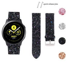 Pulseira de relógio de couro bling 20mm, pulseira para samsung galaxy watch active 2 band 40mm 44mm gear sport, substituição, presente de natal, pulseira de glitter 2024 - compre barato