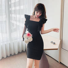 New Fashion Korean Style Summer Party Mini Bodycon Dress Ladies Sexy Off-shoulder Sleeveless Ruffle Backless Black Skinny Dress 2024 - buy cheap