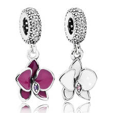 100% Real 925 Sterling Silver Charms Purple And White Orchid Dangle Charms Fit Original Brand Bracelet Diy Jewelry 2024 - buy cheap
