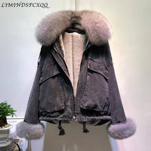 2021 Winter Fashion Warm Denim Natural Fox Fur Coat + Real Rabbit Hair Liner Denim Jacket Female Beading Thick Real Fur Outwear 2024 - buy cheap