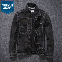 Мужская джинсовая куртка в стиле панк, винтажные приталенные однобортные пальто, мужские повседневные мотоциклетные черные куртки с карманами, верхняя одежда с длинными рукавами 2024 - купить недорого