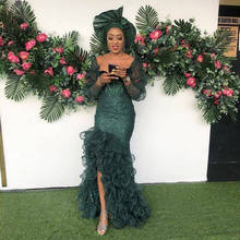 Nigerian Green Mermaid Evening Dresses 2020 Long Sleeves Aso Ebi Ruffled Organza Prom Dress Slit Beaded vestidos Formal Gowns 2024 - buy cheap