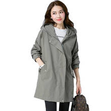 Trench coat feminino manga comprida com capuz, casaco feminino casual folgado com zíper cintura ajustável plus size 5xl primavera 2020 2024 - compre barato