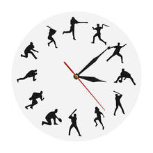 Tempo de beisebol relógio de parede jogadores de beisebol diferentes poses design minimalista decoração para casa moderno relógio de parede amantes de beisebol presente 2024 - compre barato