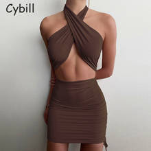 Cybill Hollow Out Mini Halter Dress Brown Backless Party Club Summer Dress Drawstring Short Sundress Black 2024 - buy cheap