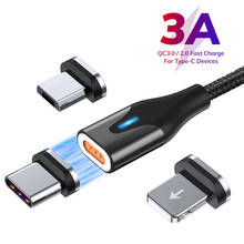 3а Магнитный USB кабель Type C Micro USB кабель для iPhone XS XR Xiaomi 1M Быстрая зарядка провод нейлоновый светодиодный магнитный шнур для зарядки и передачи данных 2024 - купить недорого