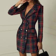 2020 New Fall Tailored Coat Women Office Ladies Plaid Red Slim Double Breasted Coat Dress Ladies V neck Vintage Coat Female 2024 - buy cheap