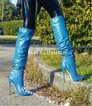 Botas elegantes hasta la rodilla para mujer, zapatos de tacón de aguja con punta puntiaguda, largos, sin cordones, en azul y rojo 2024 - compra barato