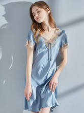 100% Real Silk Nightdress Summer Pure Silk Nightgowns Women Bedgown Sexy Blue Sleeping Dress Lace Natural Silk Dressing Gown 2024 - buy cheap