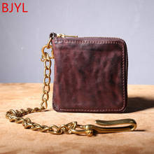 Leather mini wallet men's short zipper wallet original retro fold hard card coin purse copper chain leather horizontal wallets 2024 - buy cheap