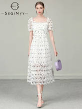 Seqinyy vestido branco 2020 verão primavera novo design de moda feminina manga curta rendas oco para fora elegante vestido midi 2024 - compre barato