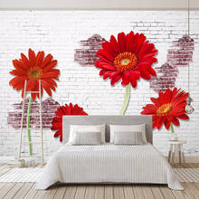 Papel de parede com mural personalizado 3d, tijolo branco, flores vermelhas, decoração para sala de estar, restaurante e cozinha 2024 - compre barato