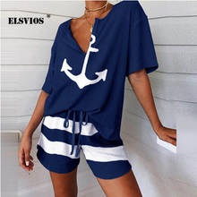 2021 New Casual V Neck Anchor Print Short Sleeves Fashion Summer Suit Loose Slim Pullover Sportwear Wide leg pants Elegant Suits 2024 - buy cheap