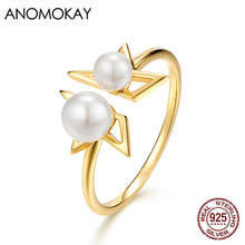 Anomokay Geometric Set with Pearl Open Gold Color Rings Real 925 Sterling Silver Resizable Rings for Women Fashion Gift 2024 - buy cheap