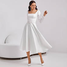 A-line Tea Length Wedding Dress 2021 Exquisite Square Neck High Quality Satin Long Sleeve Bridal Gowns with Sashes 2024 - buy cheap