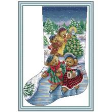 Рождественские чулки с изображением медведей, Декор, напечатанный на холсте DMC 11CT 14CT, наборы для вышивки крестиком, наборы для рукоделия 2024 - купить недорого