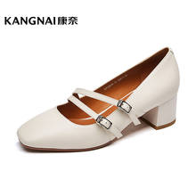 KANGNAI Cow Leather Pumps Women Shoes Two Buckle Strap Med Heels Slip-On Square Toe Mary Jane 2024 - buy cheap