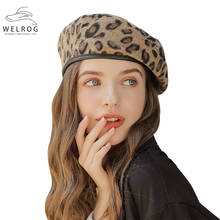 Welrog boinas femininas estampa de leopardo, moda camurça chique leopardo chapéu do pintor outono inverno, boina plana, chapéu retrô 2024 - compre barato