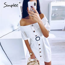 Simplee Women off shoulder summer dress Sexy solid single breasted mini dress Streetwear lady chic cotton straight office dress 2024 - buy cheap