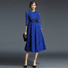 2020 New Spring Fashion Midi Dresses Women Three Quarter Sleeve Hollow Blue Lace Dress Female Elegant Party Dress Plus Size 5XL 2024 - buy cheap