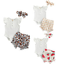 Summer Causal Baby Girls Boys Clothes Sets Ruffles Short Sleeve Button Romper Leopard/Watermelon/Plaid Shorts Headband 2024 - buy cheap