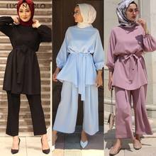 Two Piece Set Top and Pants Loose Muslim Abaya Fashion O-Neck Sashes Elastic Waist Long Solid Office Lady Sets Lugentolo 2024 - buy cheap