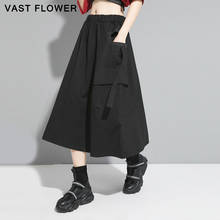 Black High Waist Skirts Womens New Pocket Spliced Ribbon Elastic Waist Plus Size Loose Midi Skirt Fashion Clothes Summer 2021 2024 - buy cheap
