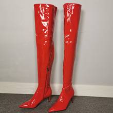 Botas altas hasta el muslo de charol rojo, tacón fino de 7,5 cm, botas por encima de la rodilla, Punta puntiaguda con cremallera, invierno, imagen Real 2024 - compra barato