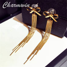 Charmwin-pendientes largos a la moda para mujer, pendientes con flecos metálicos, aretes colgantes con lazo exagerados, joyería 2024 - compra barato