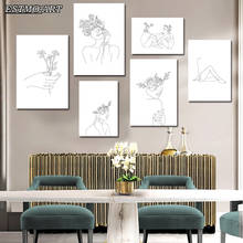 Dibujo en línea abstracta de mujer con flores en la cabeza, póster e impresiones, decoración Hoom, arte de pared de salón, pintura en lienzo en blanco y negro Pintura de arte moderno de cuerpo de impresión personalizad 2024 - compra barato