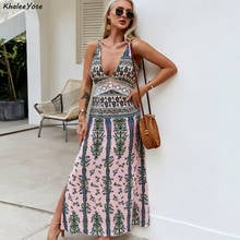 KHALEE YOSE Floral Print Maxi Dress Boho Vintage Sexy Summer Holiday Dresses V-neck Lace Hollow Out Women Backless Ladies Dress 2024 - buy cheap