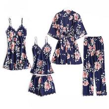 Костюм-кимоно Женский с цветочным принтом, пижама, комплект, темно-синяя ночная рубашка, пикантный комплект для сна с кружевной отделкой, Повседневная Свободная Домашняя одежда 2024 - купить недорого