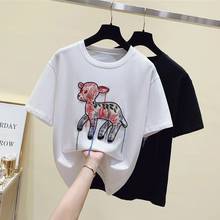 Camisetas de algodón bordadas para mujer, ropa blanca Harajuku de manga corta con cuello redondo, ropa de calle de animales, 2021 2024 - compra barato