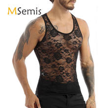 MSemis Mens Crossdressing Sissy Hot Sexy Lingerie Sleeveless Mesh Sheer Floral Lace Muscle Fitted T-Shirt Gay Tank Top 2024 - buy cheap