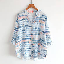 2020 Summer New Arts Style Women 3/4 Sleeve Loose Print Shirts Blouse Cotton Linen Vintage V-neck Shirts Femme Blusas S945 2024 - buy cheap