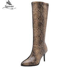 Sgesvier fashion python print PU leather knee high boots women ladies thin high heels pointy toe stretch faux suede long boots 2024 - buy cheap