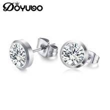 DOYUBO Korean Style Women's Stainless Steel Round Circle Earrings With 6MM White Cubic Zircon Lady Stud Earrings Jewelry DB186 2024 - buy cheap