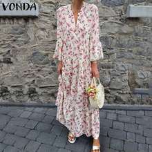 VONDA Plus Size Women Beach Dress Bohemian Vintage Printed Maxi Long Dress 2020 Casual  Sundress Ruffle Sleeve Summer Vestidos 2024 - buy cheap