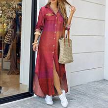 2021 Women Vintage Shirt Dress Plaid Chains Print Turn Down Collar Buttoned Front Casual Loose Long Robe Gown Female Shirt Dress 2024 - buy cheap