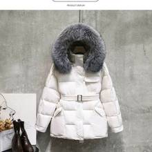 Женская зимняя куртка с капюшоном из натурального Лисьего меха, 90% белого утиного пуха, толстая теплая парка, короткая зимняя куртка с поясом 2024 - купить недорого