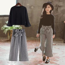 2021 Kids Girls Clothes Sets Long Sleeve T-shirts + Plaid Wide Leg Pants Spring Children's Clothing Teenage for 7 8 10 12 Years 2024 - buy cheap
