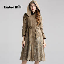 Осенняя ветровка с капюшоном, пальто, винтажный стиль, открытая вышивка, однобортное, приталенное, тонкое, элегантное пальто размера плюс M-3XL 2024 - купить недорого